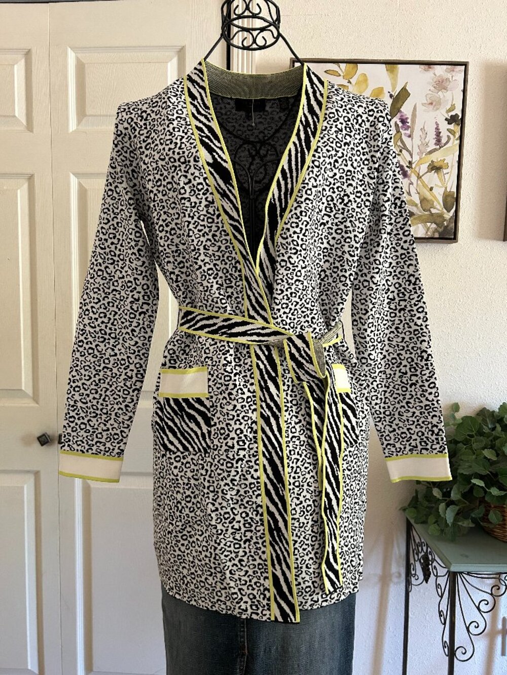 Ted Baker Black & White Leopard Robe Cardigan with Yellow Trim
